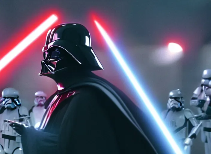 Image similar to film still of Darth Vader conducting and orchestra in the new Star Wars movie, 4k