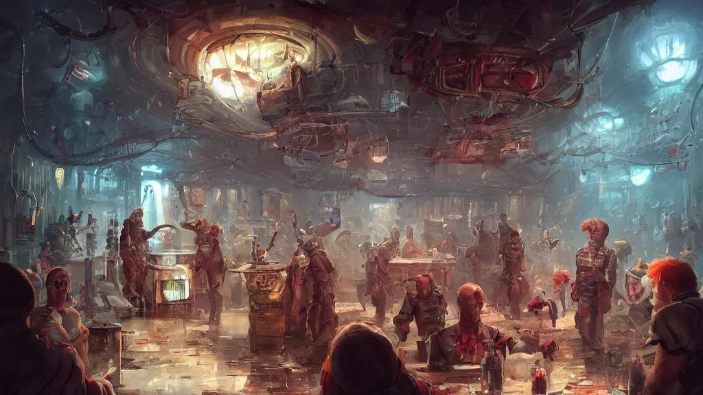 Image similar to a bar located in a bustling space station, blood on the floor and people rushing down the hallways, a red alert blares, a clown is in the center of the bar causing trouble, fantasy, marc simonetti, anato finnstark, randy vargas, diego gisbert llorens, bayard wu, fantasy concept art, trending on artstation, 4k,