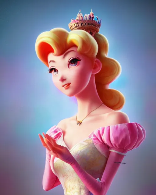 Prompt: an epic comic book style full body portrait painting of feminine princess peach, elegant, sexy character design by Mark Ryden and Pixar and Hayao Miyazaki, unreal 5, DAZ, hyperrealistic, octane render, cosplay, RPG portrait, dynamic lighting, intricate detail, summer vibrancy, cinematic