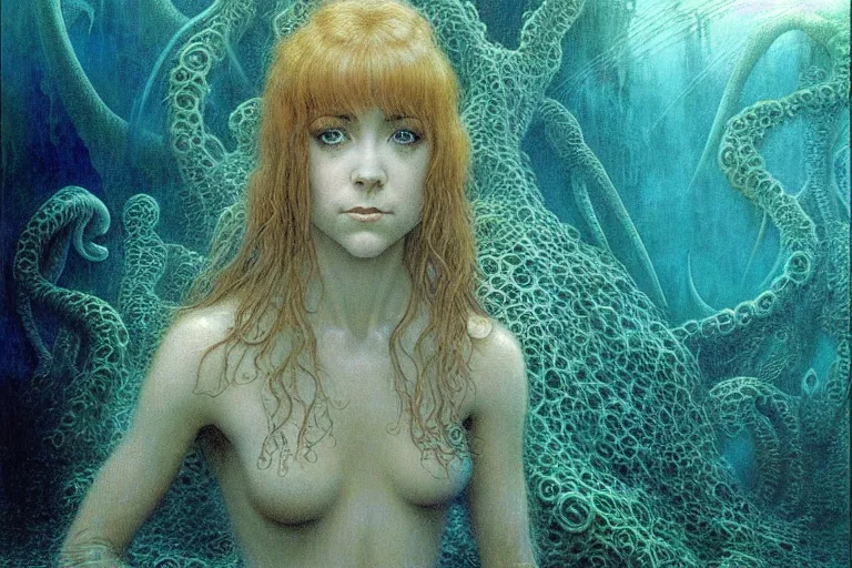 Image similar to cute young alyson hannigan with short hairs in lovecraftian underwater realm by jean delville by luis royo and wayne barlowe, beksinski