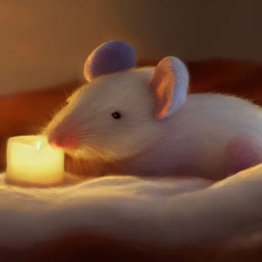 Prompt: A fuzzy little mouse sleeping in a small bed and covered by a blanket, cozy room, candle lighting, extra detailed, digital illustration, by Makoto Shinkai and thomas kinkade, digital painting, Matte painting, trending on artstation and unreal engine