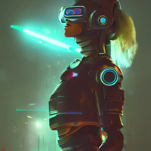 Image similar to cyberpunk concept cool warrior girl bot, galaxy, ufo, space sci - fi, wearing vr goggles, illustration, portrait, pastel neon textured background night, trending on artstation, greg rutkowski, octane rendered, 1 2 k, detailed,