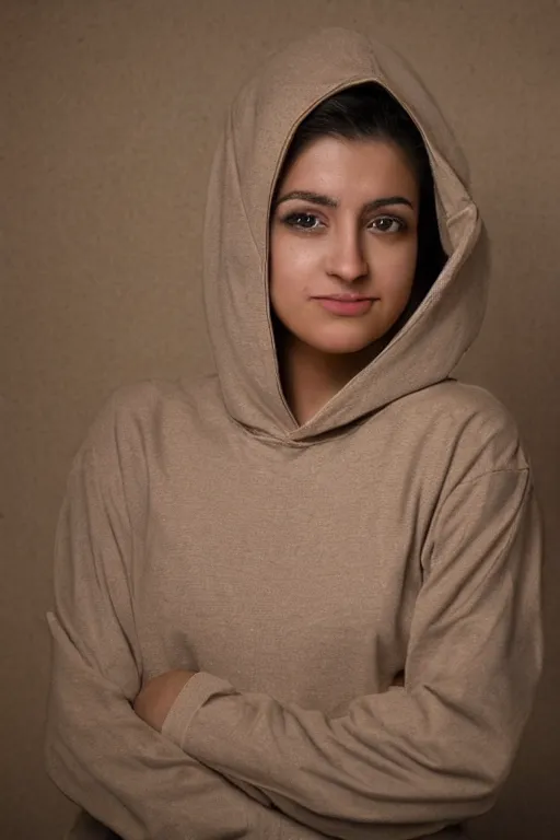 Prompt: short brown hair Arab Spanish shy beautiful young woman in a beige hoodie, Diwani calligrapher using bamboo pen, cinematic lighting, rule of thirds, by Dave Gibbons