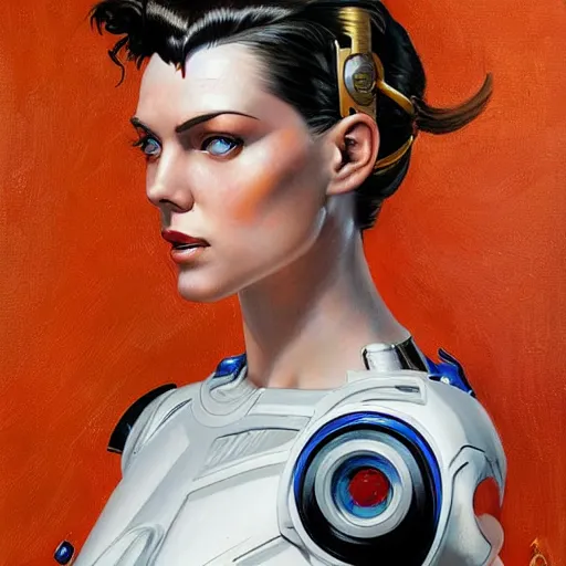 Prompt: portrait of a female android, by Joseph Christian Leyendecker and Sandra Chevrier