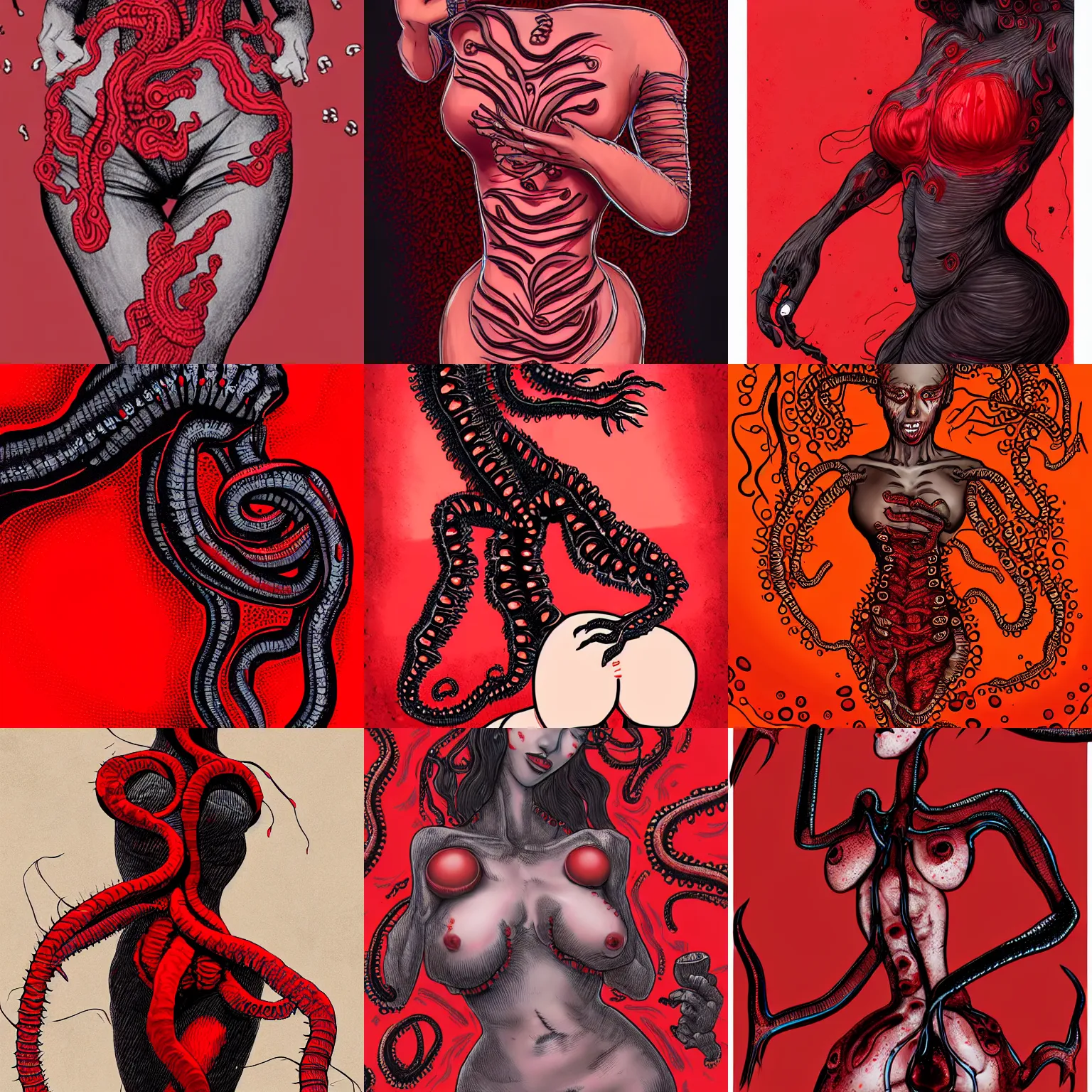 Prompt: worms coming out of a gorgeous woman's stomach, lovecraftian horror, red and black color palette, in the style of wlop