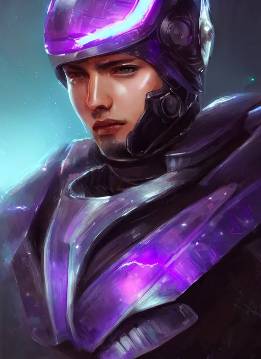 Prompt: portrait of handsome guy in cyber armor, dreamy and ethereal, expressive pose, purple eyes, exciting expression, fantasy, intricate, elegant, many lightning, cold color, highly detailed, digital painting, artstation, concept art, cyberpunk wearing, smooth, sharp focus, led, illustration.