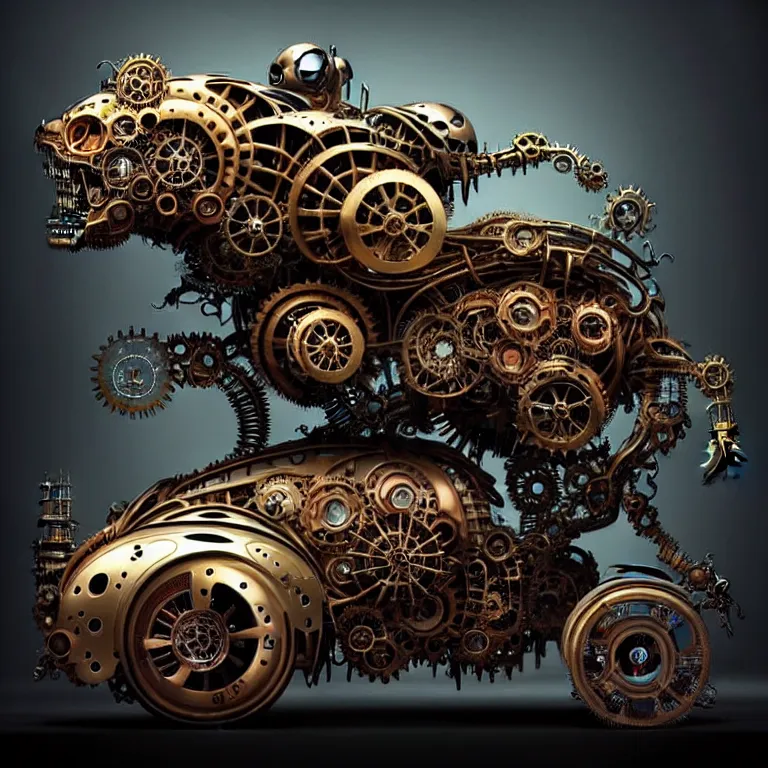 Image similar to biomechanical shiny steampunk vehicle reminiscent of fast sportscar with robotic parts and (glowing) lights parked in ancient lush palace, gothic and baroque, brutalist architecture, ultradetailed, creepy ambiance, fog, artgerm, giger, Intricate by Ellen Jewett and Josan Gonzalez and Giuseppe Arcimboldo