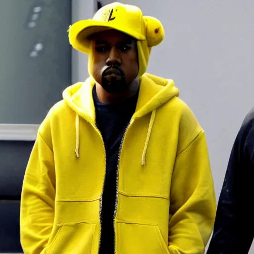 Image similar to kanye west in a yellow pikachu hoody