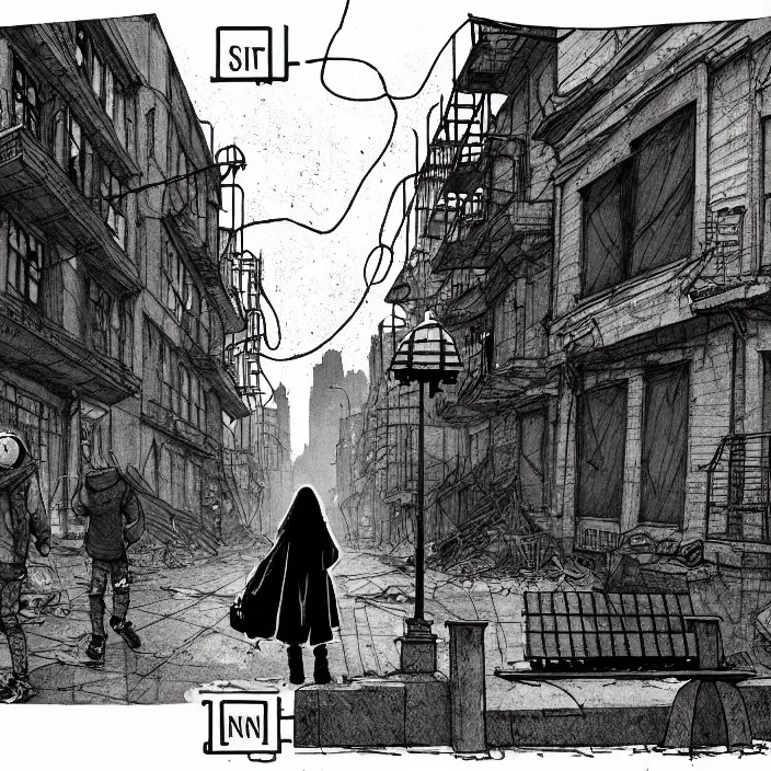 Prompt: storyboard panel : sadie sink in hoodie sits on bench in ruined square, pedestrians walk by, steampunk tenement windows in background. scifi cyberpunk. by gabriel hardman. cinematic atmosphere, detailed and intricate, perfect anatomy