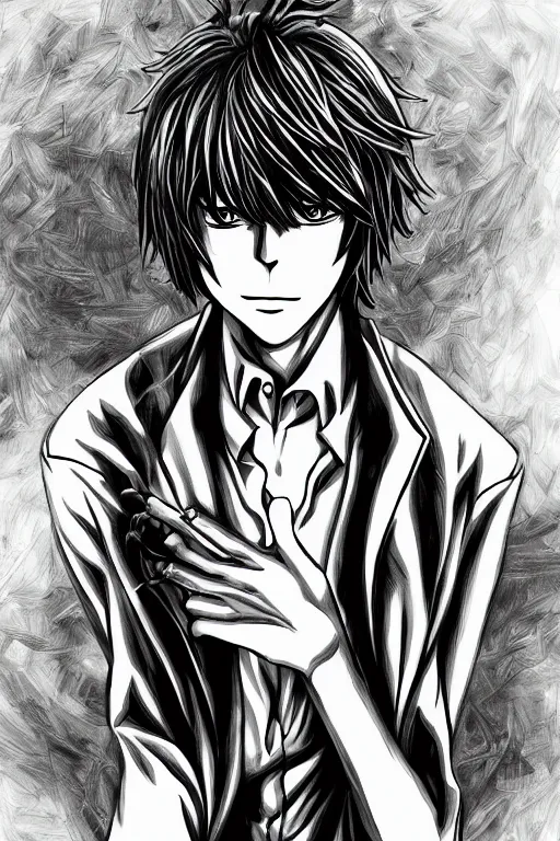 Image similar to light yagami, god of the new world, highly detailed, digital art, sharp focus, trending on art station, death note