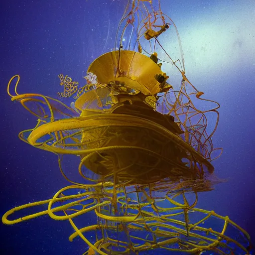 Prompt: dreamlike film photography of a 1880s art nouveau space ship made of copper at night underwater in front of colourful underwater clouds by Kim Keever. In the foreground floats a seasnake. low shutter speed, 35mm