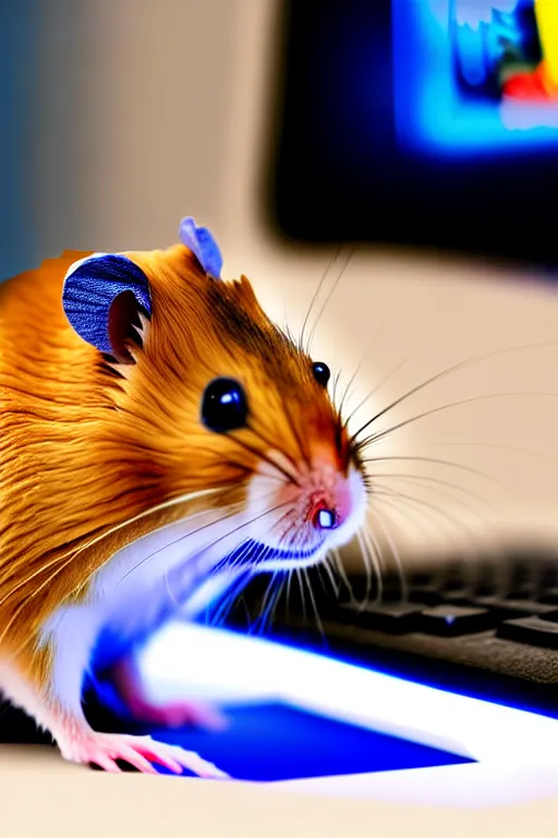 Image similar to a hamster using a gaming pc, 8 k, award winning photograph, portrait, detailed face, highly - detailed