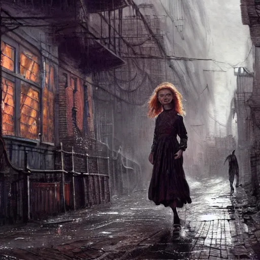 Prompt: close view of sadie sink. runs desperately | a mechanical monstrosity runs toward sadie sink | background : alleyway near decaying tenements. concept art for scifi dystopian film. by nikolay makovsky, bob byerley, wadim kashin, andrea kowch. cinematic moody atmosphere, detailed and intricate, perfect anatomy