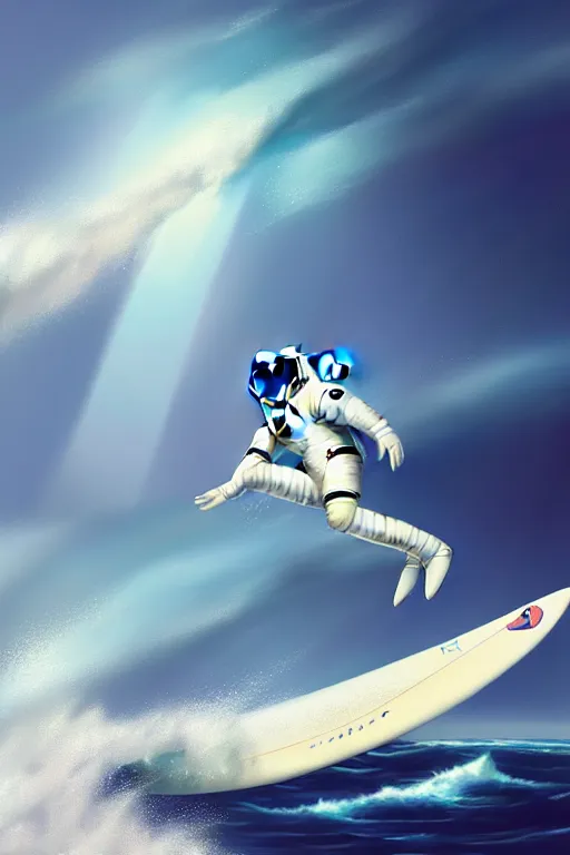 Image similar to a beautiful digital painting of an astronaut in a white space suit surfing the great wave on a surfboard by greg rutkowski, photorealistic, trending on artstation, octane render