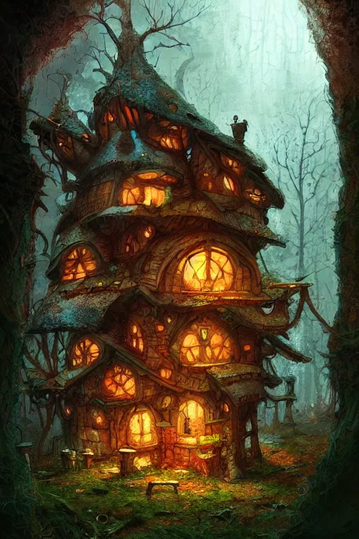 Image similar to a storybook style ramshackle multistory fairytale hut in the forest, by Marc Simonetti, intricate, elegant, fantasy, highly detailed, digital painting, concept art, sharp focus, artstation