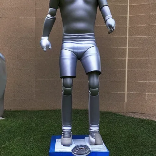 Image similar to “a realistic detailed photo of a guy who is an attractive humanoid who is half robot and half humanoid, who is a male android, baseball player Anthony Rizzo, shiny skin, posing like a statue, blank stare”