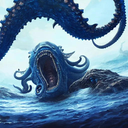 Image similar to A blue Kraken in the sea, highly detailed, fantasy art, female art, in the style of greg rutkowski, illustration, epic, fantasy, intricate, hyper detailed, artstation, concept art, smooth, sharp focus, ray tracing