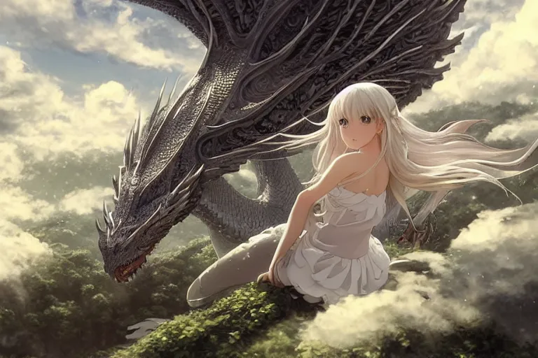 Image similar to the beautiful hyper detailed big scene render that a beautiful girl sitting on the back of a huge silver white dragon alone in fairyland surrounded by white clouds, finely detailed angelic face delicate features, style of studio ghibli, makoto shinkai, artgerm, karol bak, kazuki tanahashi, james jean, ross tran, xision, ultra wide angle