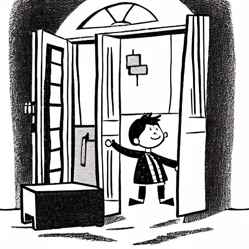 Image similar to storybook illustration of an open wardrobe revealing the entrance to a fantastic world featuring diary of a wimpy kid, storybook illustration, monochromatic