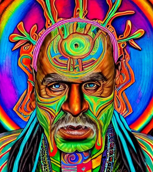 Image similar to Portrait painting in a style of Alex Grey of an old shaman dressed in a colorful traditional clothes. Psychodelic