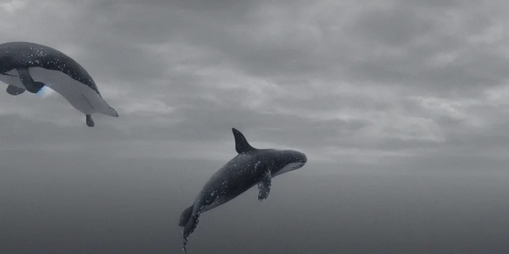 Prompt: a whale swimming in the sky, a dark cloudy day, a shot from skyscrapper, pencil drawing, ultra realistic, dmt, volumetric lighting