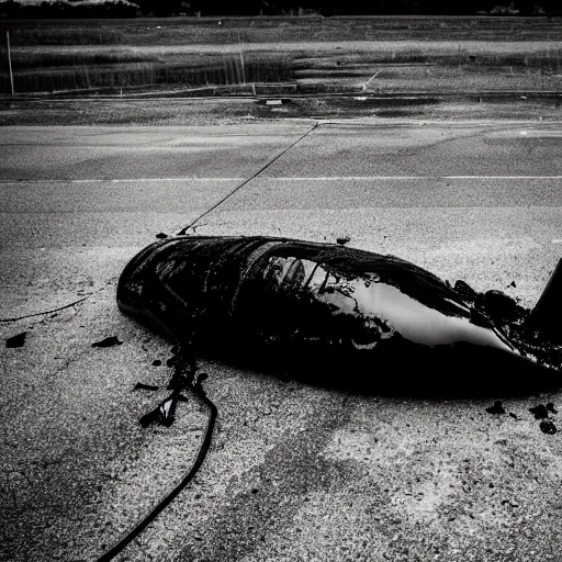 Image similar to crashed cargo plane leaking mysterious black gooey liquid, mysterious black slime, black gooey liquid leaking out of crashed cargo plane, apocalyptic, 8 5 mm f / 1. 4