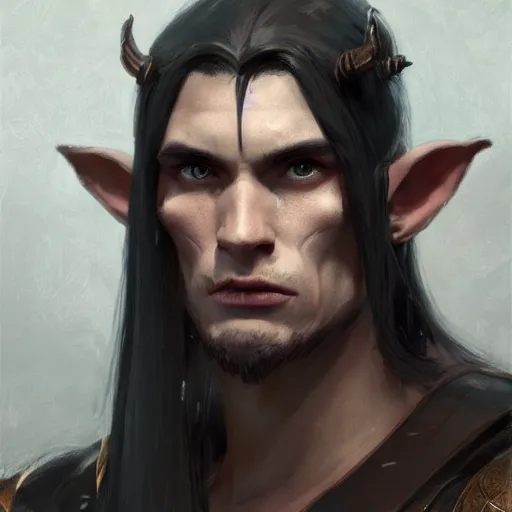 Prompt: character design, portrait of a attractive half elf half orc male with long black hair and proeminent cheekbones, medieval, dark armor, painting by wlop, nixeu and greg rutkowski, beautiful, cgsociety, semirealism, artstation, octane render, sharpness, 8 k, golden ratio