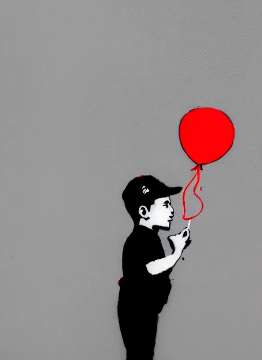 Image similar to a side profile of a black and white boy holding a single red balloon on a white concrete background in the style of Banksy, graffiti, digital art