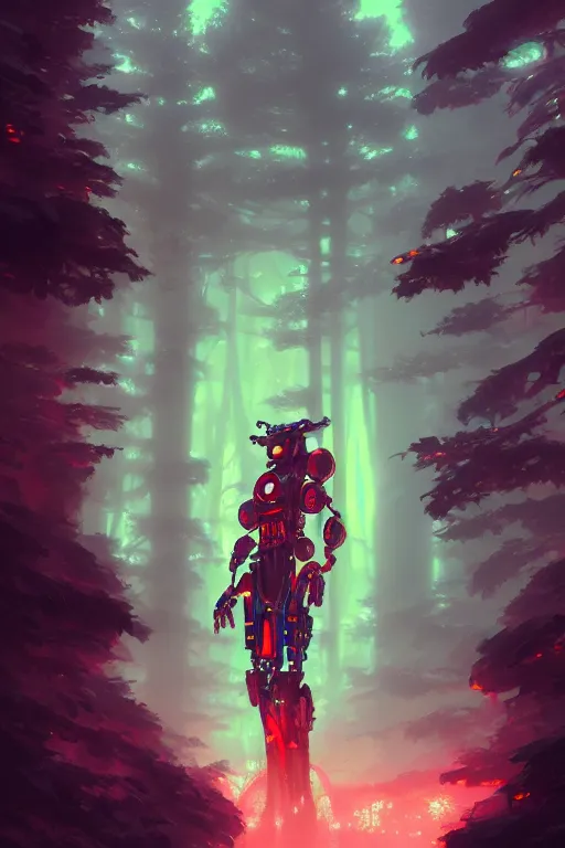 Image similar to Portrait of Yokai Mecha in neon forest, digital art from artstation by Andreas Rocha and Greg Rutkowski and Peter Mohrbacher