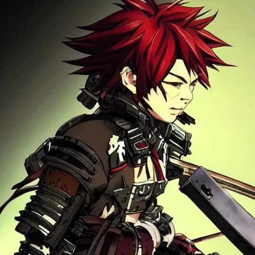 Prompt: an anime man with dark red hair, wearing samurai armor, drawn by yoji shinkawa, sci - fi, highly detailed,