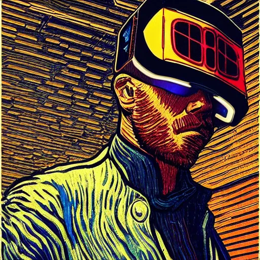 Prompt: Illustrated by Shepard Fairey and Moebius | Cyberpunk Van Gogh with VR helmet, surrounded by cables | Photo