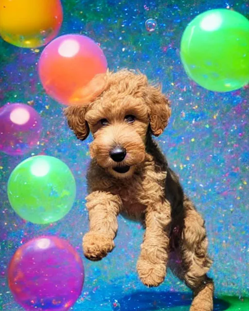 Image similar to stock photos of a golden doodle puppy chasing after giant soap bubbles in a studio