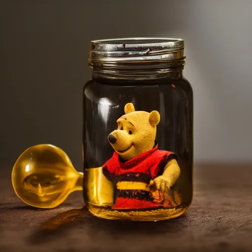 Image similar to a jar of honey made out of winnie the pooh's head, claymation, deep lighting