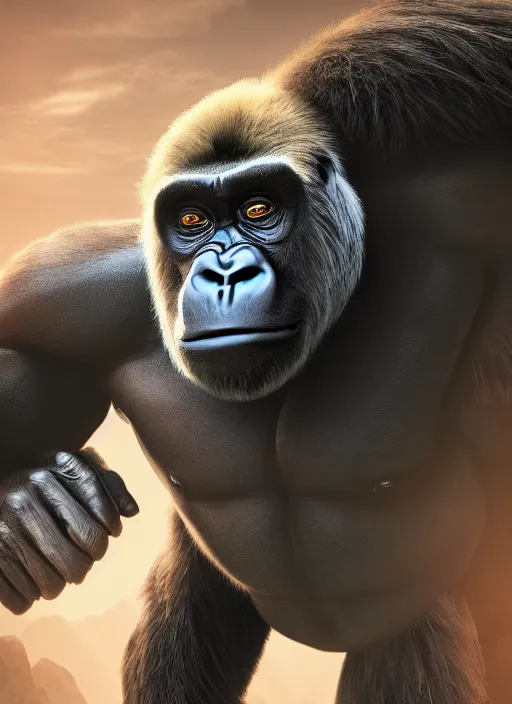 Image similar to !dream An epic fantasy comic book style portrait of Harambe gorilla, fisheye lens, unreal 5, DAZ, hyperrealistic, octane render, cosplay, RPG portrait, dynamic lighting