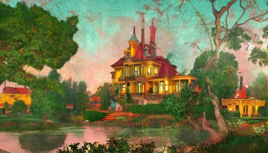 Prompt: a huge standalone house, seen from the distance by night, near a river made of crystals. art nouveau rococo in the style of caravaggio. hd 8 x matte background in vibrant vivid pastel colour textures