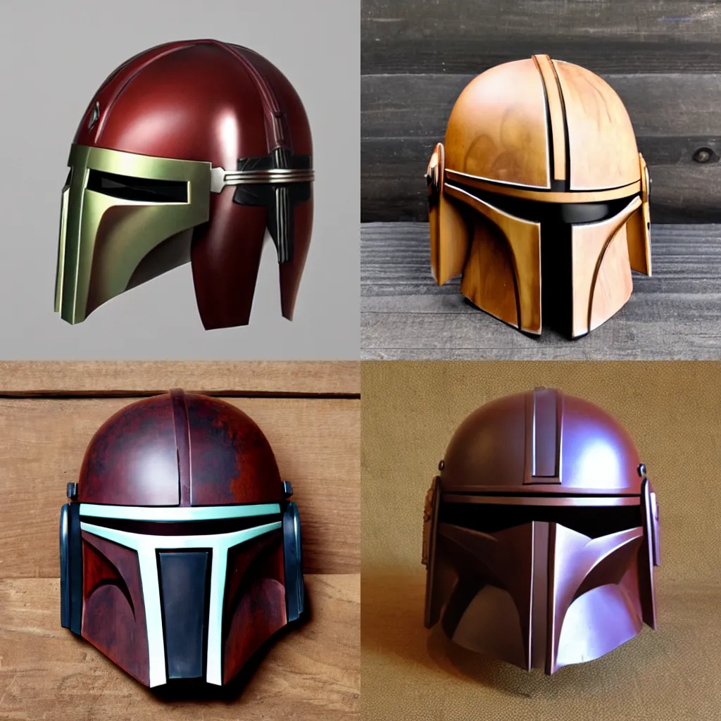 Prompt: mandalorian helmet wood