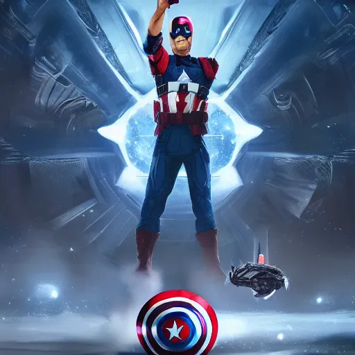 Image similar to of donald trump as captain america, iridescent, beautiful, technological, galactic, hyper-detailed, mega-detailed, realistic, cinematic, octane render, concept art, dark, cosmic, ominous, dramatic, lovecraftian, symmetric, swords, colorful and dark