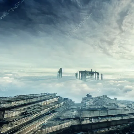 Prompt: ancient hi tech sci fi industrial superstructure standing above the clouds with an abandoned city on top, photograph, derelict, hyperrealism, megastructure