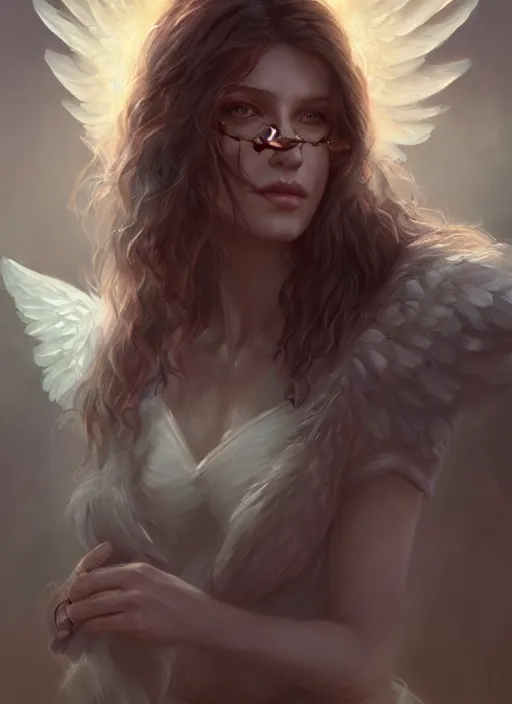 Image similar to beautiful 4 k female portrait, wolf, aasimar angel with wings, tarot card art, character concept art, oilpainting, cinematic lighting, trending in artstation, cgsociety, by wlop, artgerm