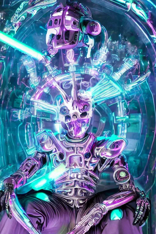 Image similar to fantasy medeival and cyberpunk style white neon statue of a muscular attractive tan male macho dotado android reclining sim roupa con piroca dura, glowing pink face, white baseball cap, blue steampunk lasers, emeralds, swirling silver silk fabric. futuristic elements. prismatic rainbow spotlight, full-length view. space robots. human skulls. throne made of bones, intricate artwork by caravaggio. Trending on artstation, octane render, cinematic lighting from the right, hyper realism, octane render, 8k, depth of field, 3D