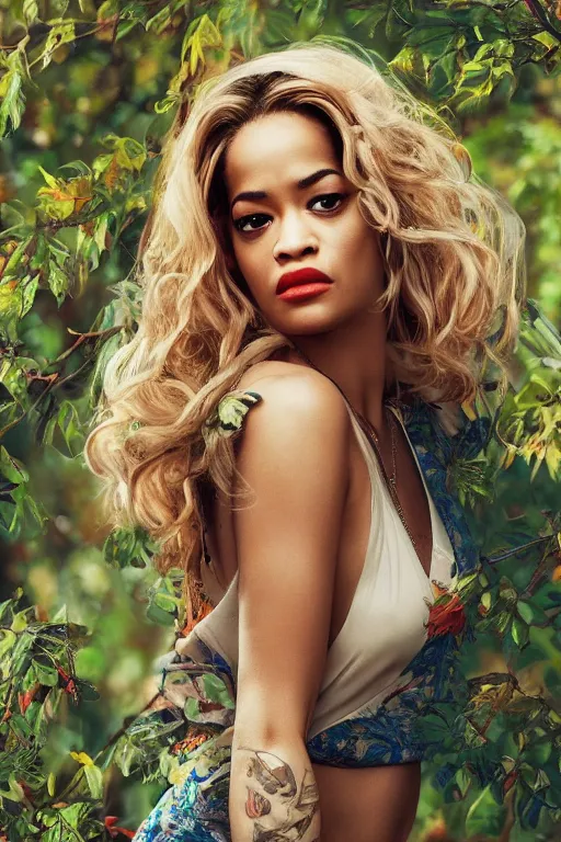 Image similar to photo of rita ora in the style of stefan kostic, realistic, half body shot, sharp focus, 8 k high definition, insanely detailed, intricate, elegant, art by stanley lau and artgerm, extreme bokeh light spring foliage