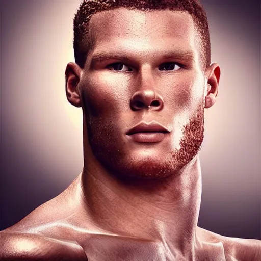 Image similar to “a realistic detailed photo of a guy who is an attractive humanoid who is half robot and half humanoid, who is a male android, basketball player Blake Griffin, shiny skin, posing like a statue, blank stare”