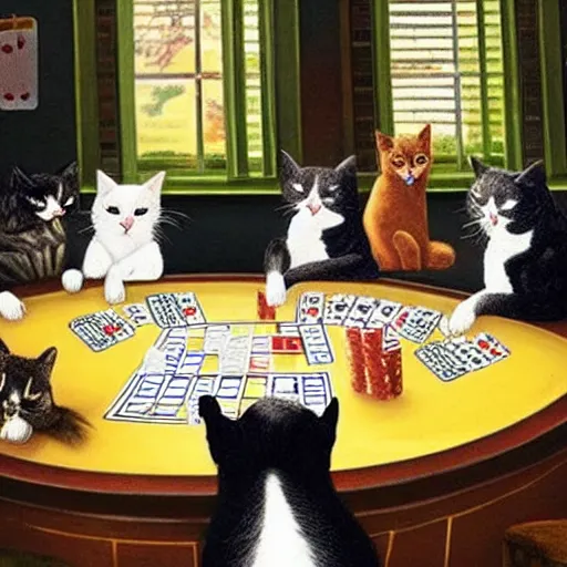 Prompt: Cats and Dogs playing poker