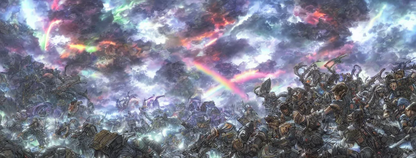 Prompt: a zoomed out panoramic view an army of ranbow soul calvary charging into the abyss. hyperrealistic anime background illustration by kim jung gi, colorful, extremely detailed intricate linework, smooth, super sharp focus, bright colors, high contrast, matte, octopath traveler, unreal engine 5 highly rendered, global illumination, radiant light