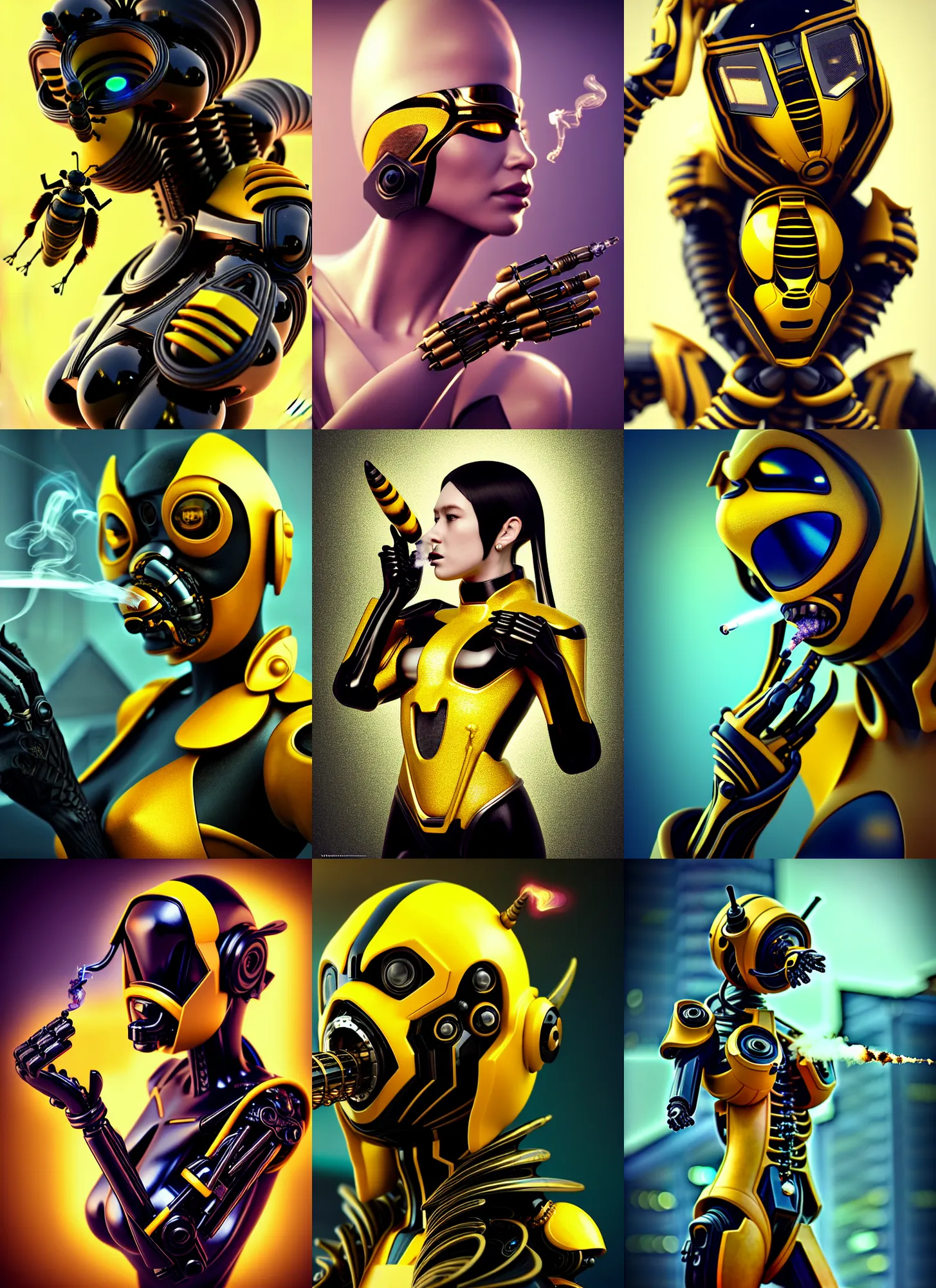 Prompt: transhuman obsidian bumblebee edm cyborg smoking | elaborate jewelry | glamorous oily soft polished rich enticing ornate modern | weta disney pixar movie still photo | hi - fructose, sci fi fantasy, golden ratio details, smooth, octane render, sharp focus, artstation, concept art | beeple, feng zhu, artgerm, mucha, rutkowski |