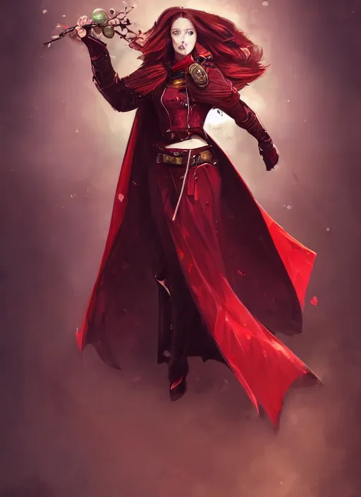 Image similar to a highly detailed illustration of beautiful long dark red haired woman wearing wine red epaulette uniform and coat cape, dramatic floating pose, strings background, intricate, elegant, highly detailed, centered, digital painting, artstation, concept art, smooth, sharp focus, league of legends concept art, wlop