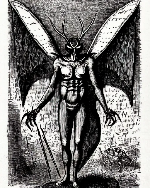 Image similar to illustration of mothman as a demon lord from the dictionarre infernal, etching by louis le breton, 1 8 6 9, 1 2 0 0 dpi scan