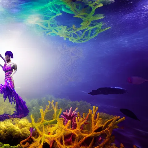 Image similar to woman dancing underwater wearing a flowing dress made of many translucent layers of blue, magenta, and yellow lace seaweed, delicate coral sea bottom, swirling silver fish, swirling smoke shapes, unreal engine, caustics lighting from above, cinematic, hyperdetailed