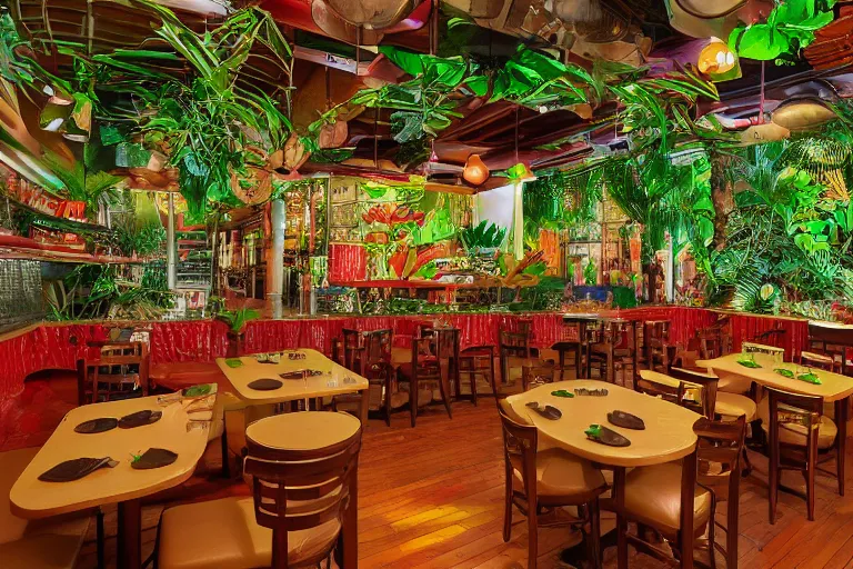 Image similar to 1 9 9 2 rainforest themed diner, tables repeat into the horizon, fruitcore, watermeloncore, one point perspective, americana, restaurant interior photography, 5 5 mm