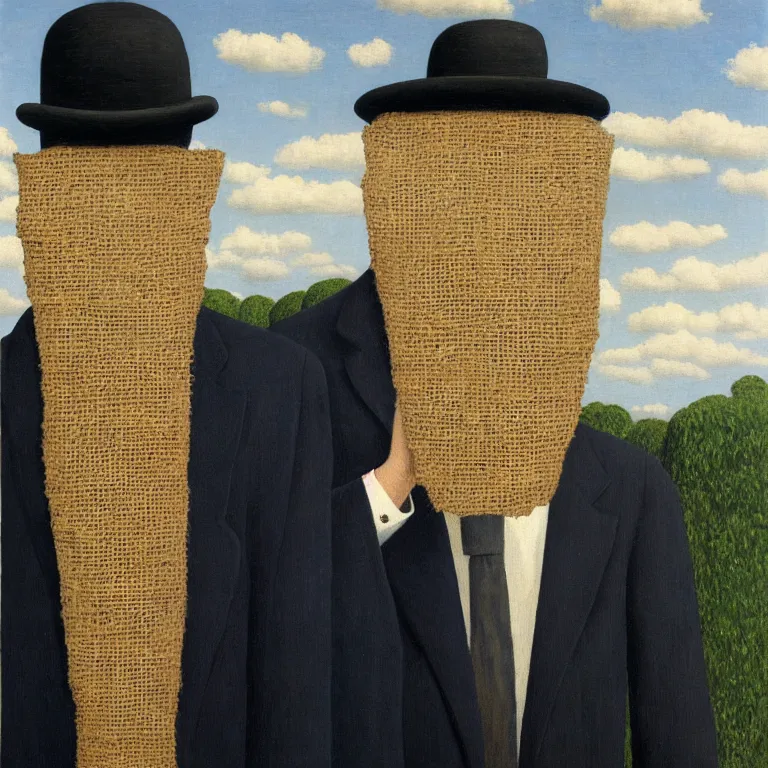 Prompt: portrait of a faceless burlap sack - head man in a suit, clouds in the background, by rene magritte, detailed painting, distance, centered, hd, hq, high resolution, high detail, 4 k, 8 k